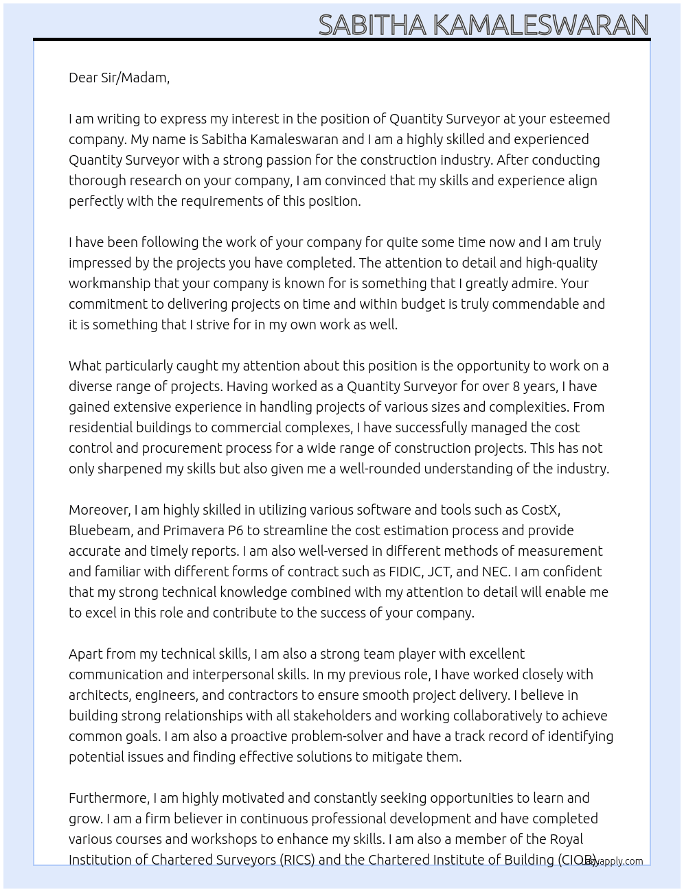quantity surveyor At general Cover Letter