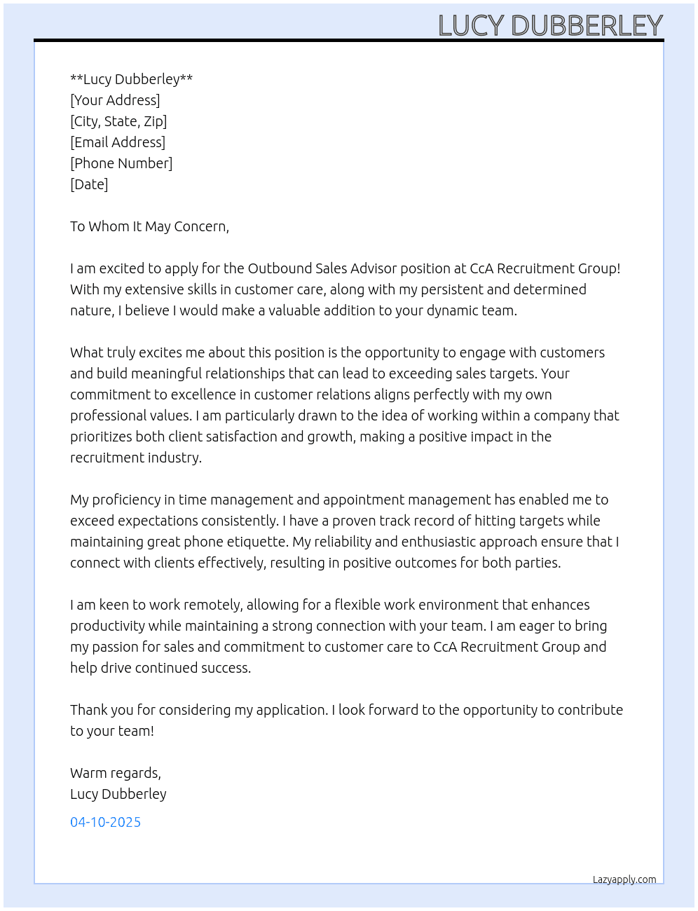 Outbound sales advisor At CcA recruitment group  Cover Letter