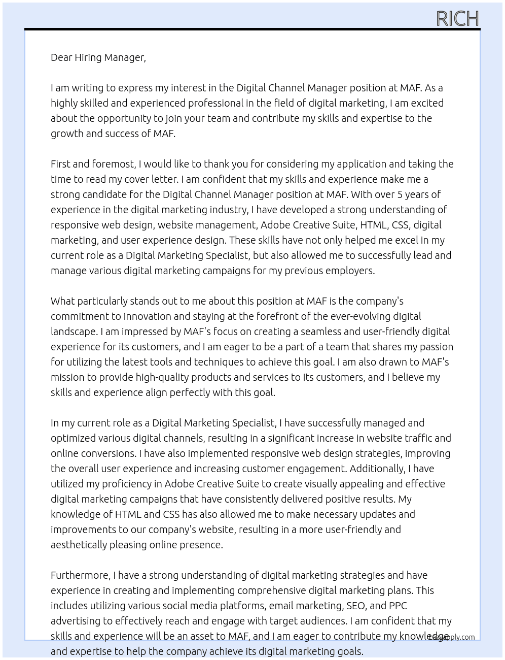 Digital Channel Manager At MAF Cover Letter