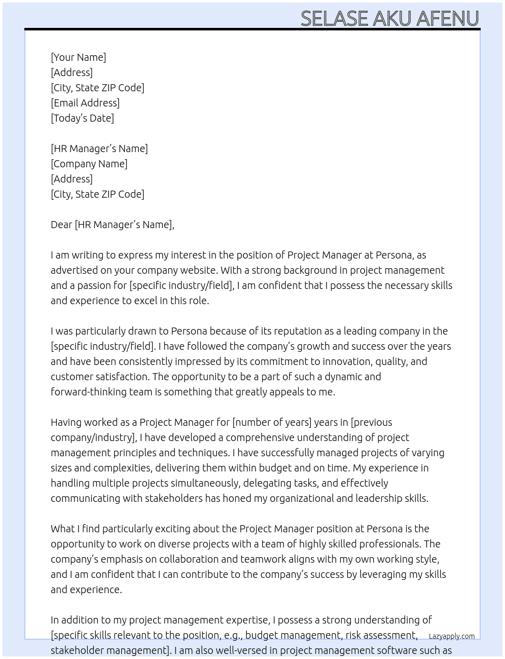 project manager At Persona Cover Letter