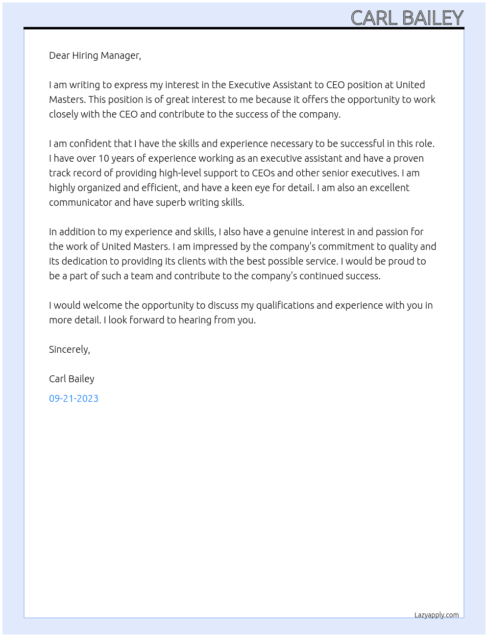 Executive Assistant to CEO At United Masters Cover Letter