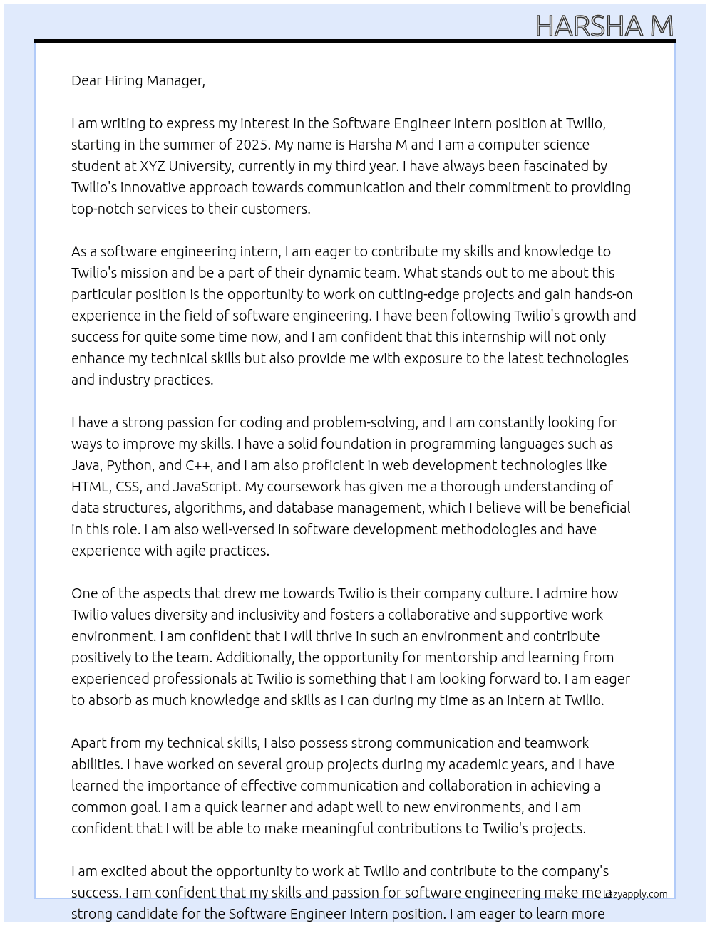 Software Engineer Intern (Summer 2025 Start) At Twilio Cover Letter