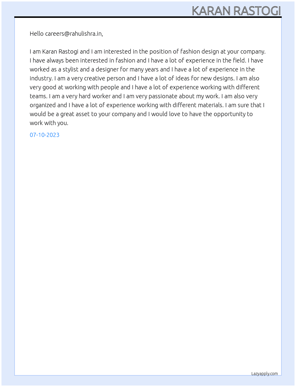 fashion design At Karan Rastogi Cover Letter