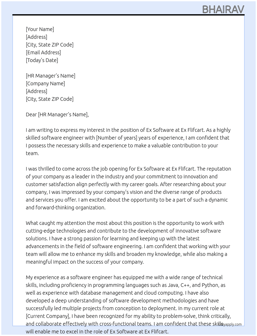 Ex software  At Ex flifcart Cover Letter