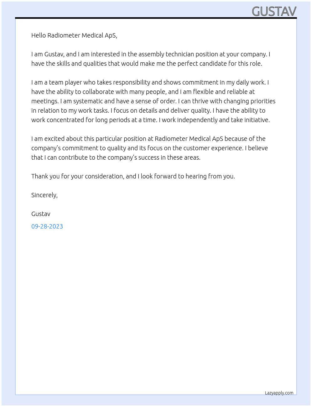 Assembly technician At Radiometer Medical ApS Cover Letter