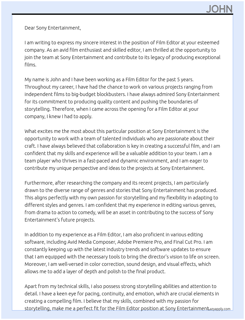 film editor At sony entertainment Cover Letter