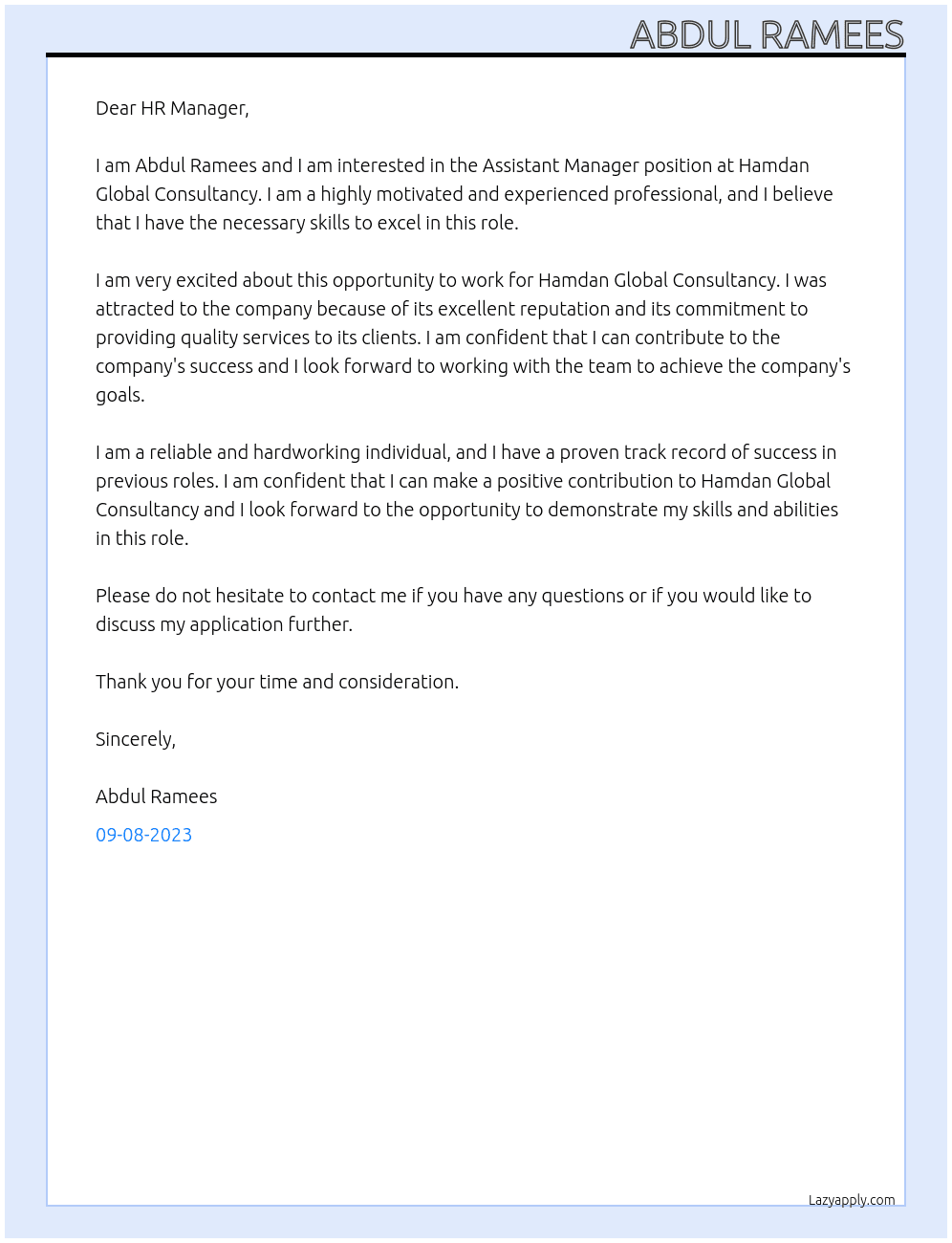 Assistant Manager At Hamdan Global Consultancy Cover Letter
