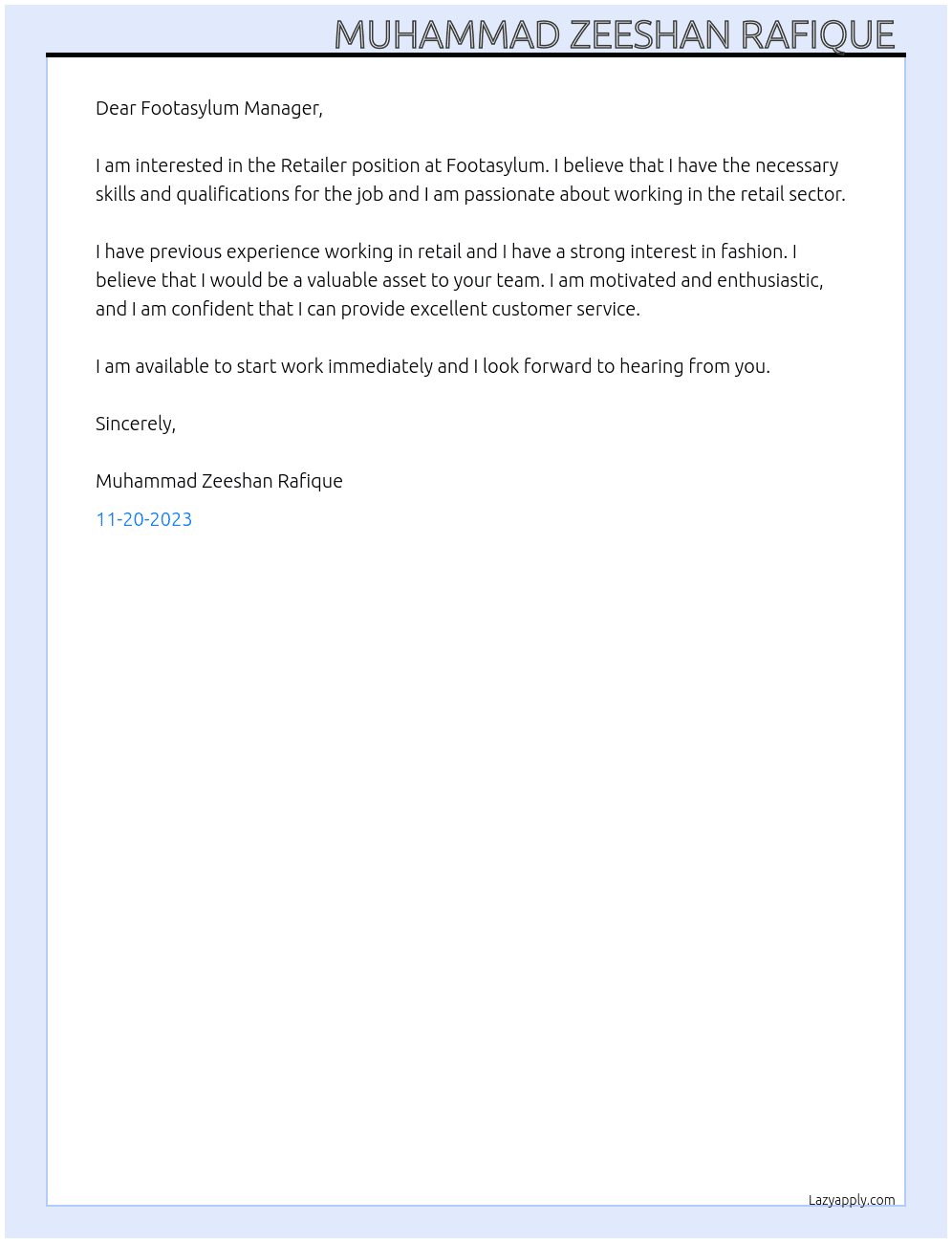 Retailer At Footasylum Cover Letter