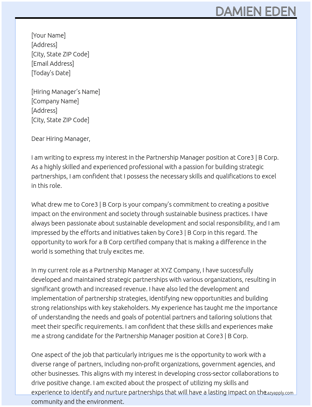 Partnership Manager At Core3 | B Corp Cover Letter