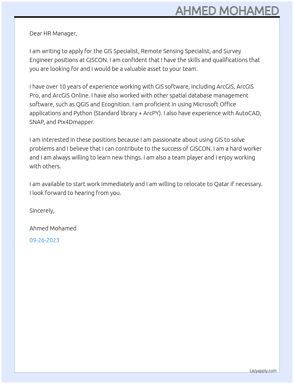 GIS Specialist, Remote Sensing Specialist, Survey Engineer  At GISCON  Cover Letter