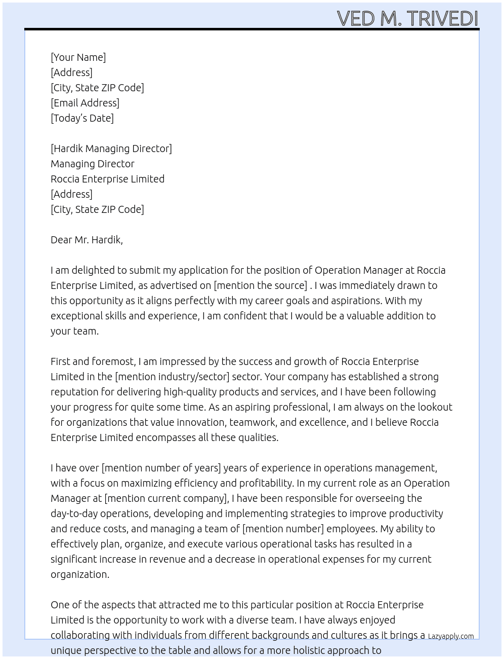 Operation Manager At Roccia Enterprise Limited Cover Letter