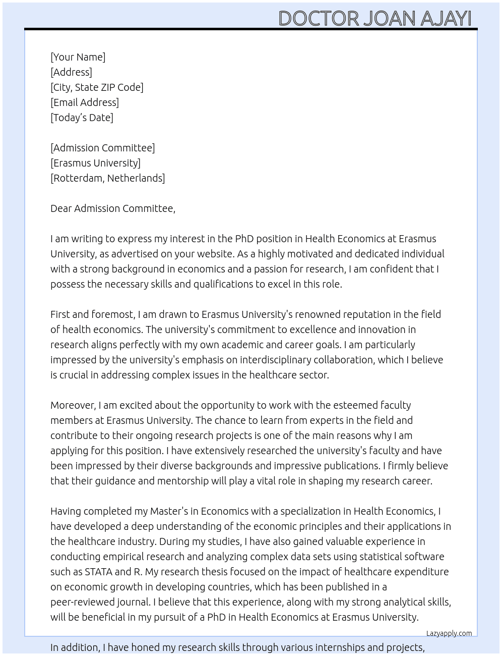 PhD psoition in health economics At Erasmus university, Rotterdam Cover Letter