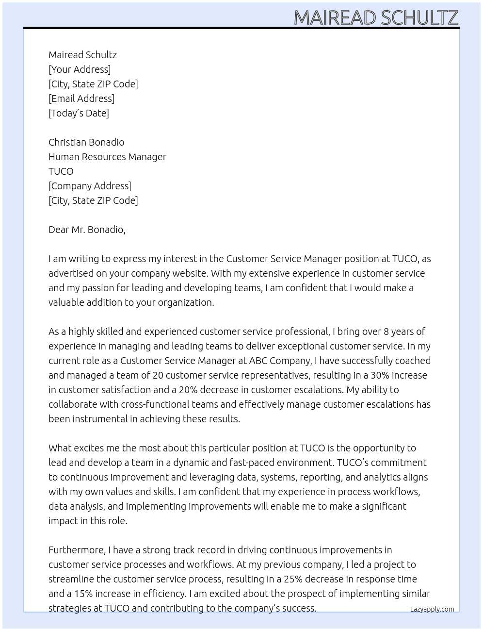 Customer Service Manager At TUCO Cover Letter