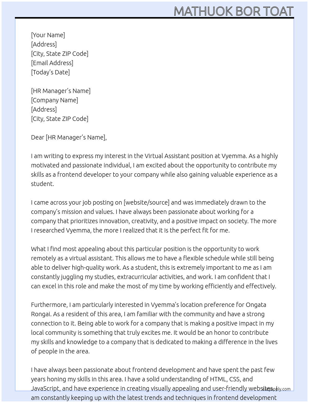 Virtual Assistant At Vyemma Cover Letter