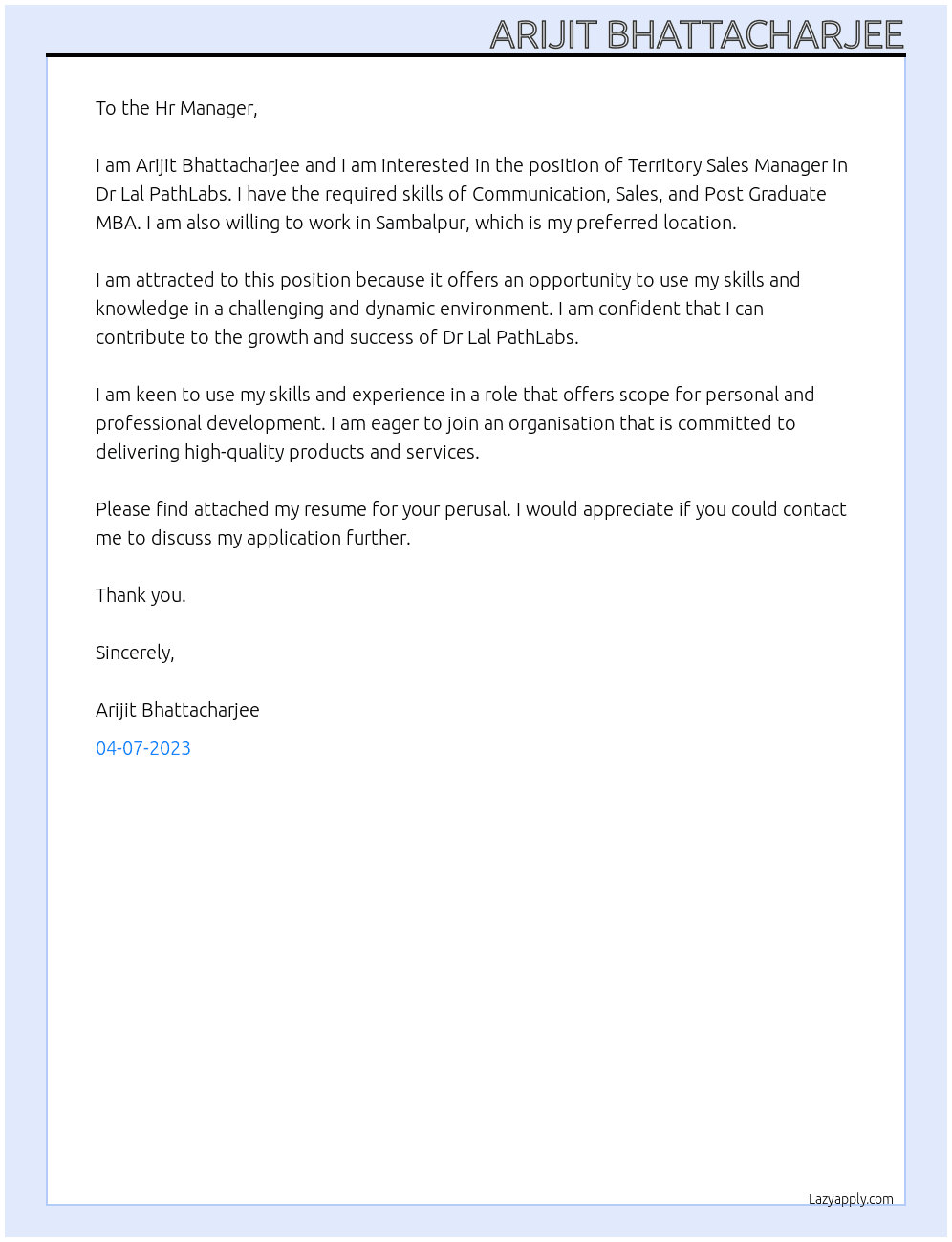 Territory Sales Manager At Dr Lal PathLabs Cover Letter