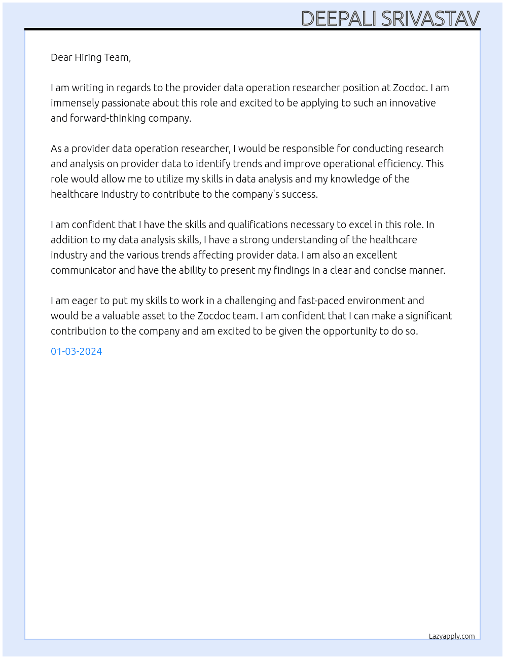 Provider data operation researcher At Zocdoc Cover Letter