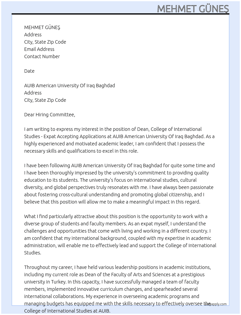 Dean, College of International Studies - Expat Accepting Applications At AUIB American University Of Iraq Baghdad Cover Letter