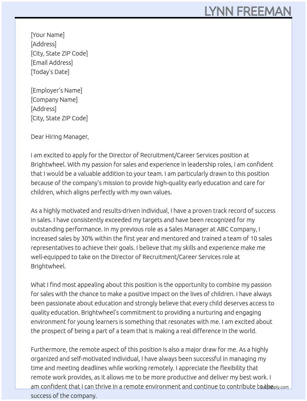 Director of Recruitment/Career Services At Brightwheel Cover Letter