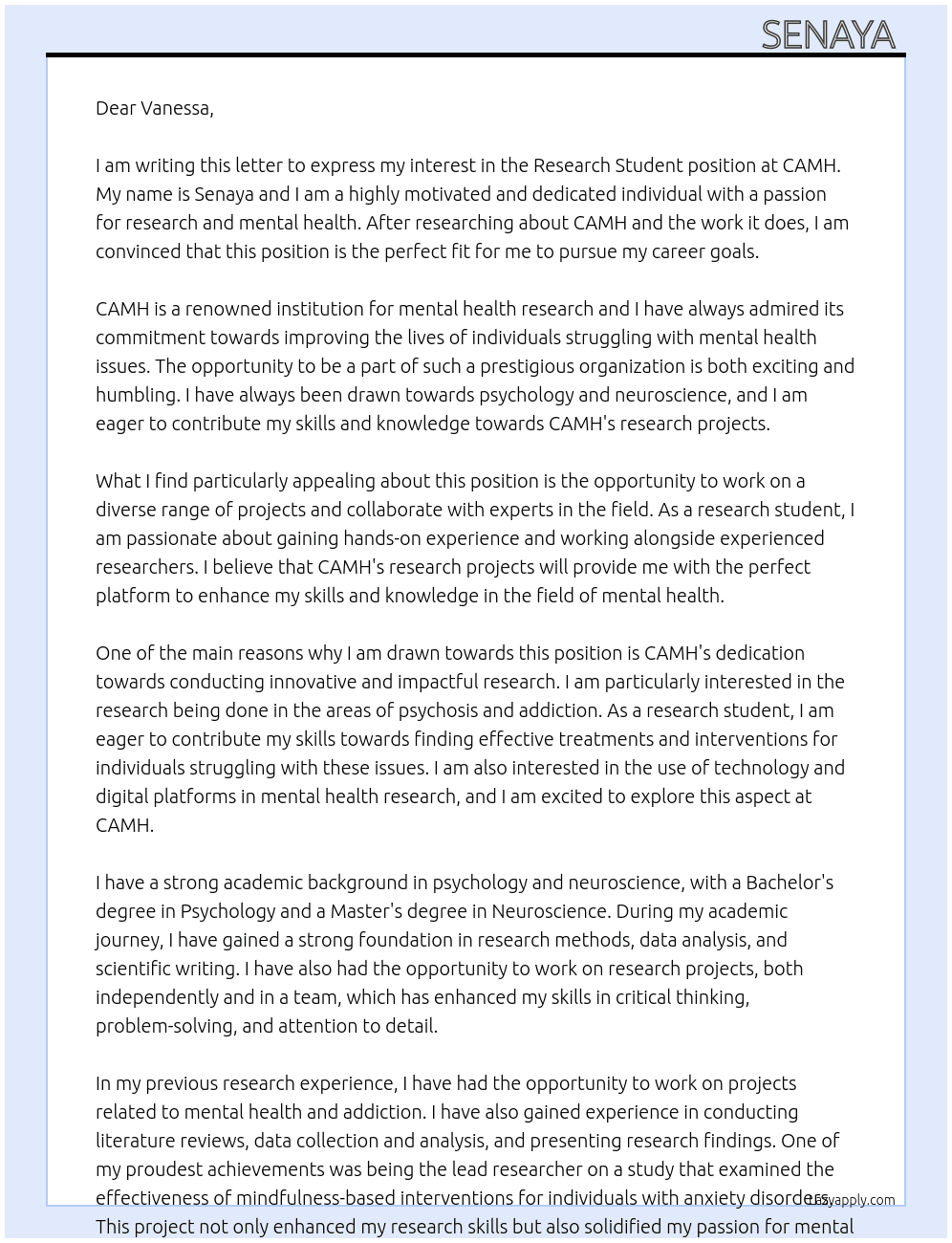 Research Student At CAMH Cover Letter