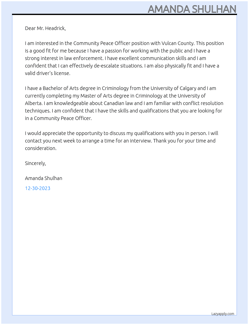 Community Peace Officer At Vulcan County  Cover Letter