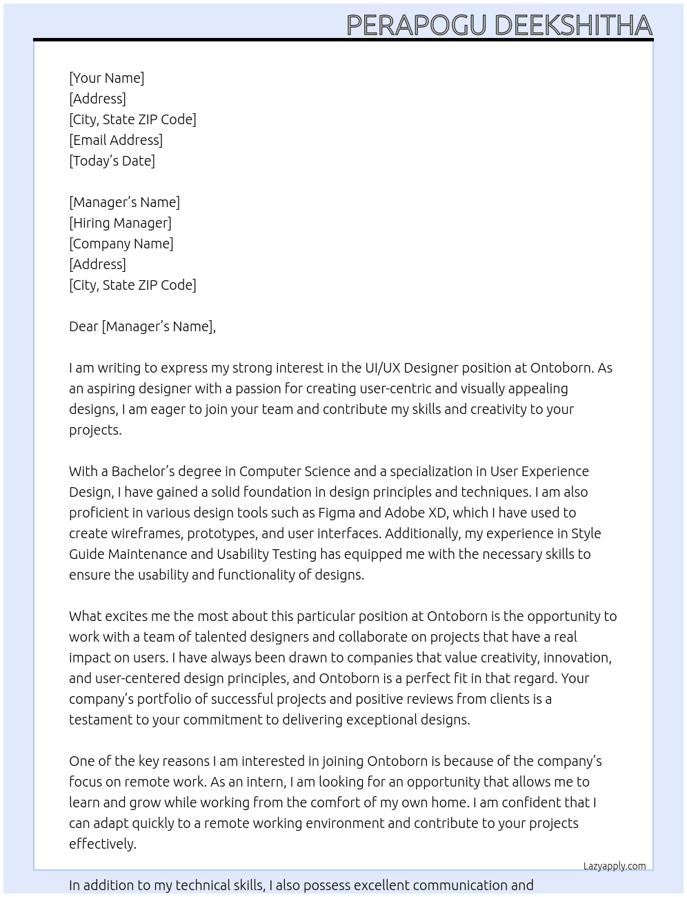 UI/UX Designer At Ontoborn Cover Letter