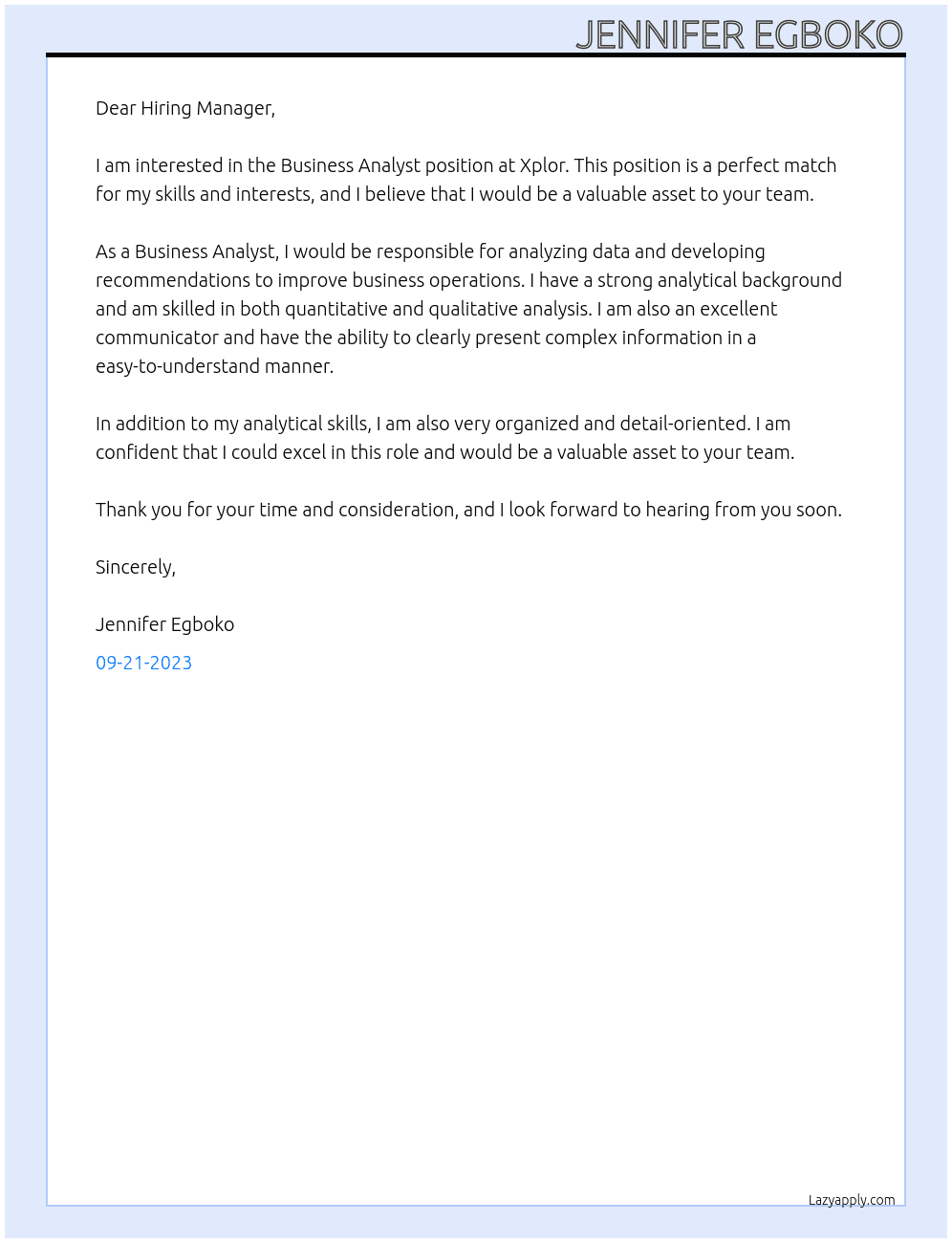 Business Analyst At Xplor Cover Letter