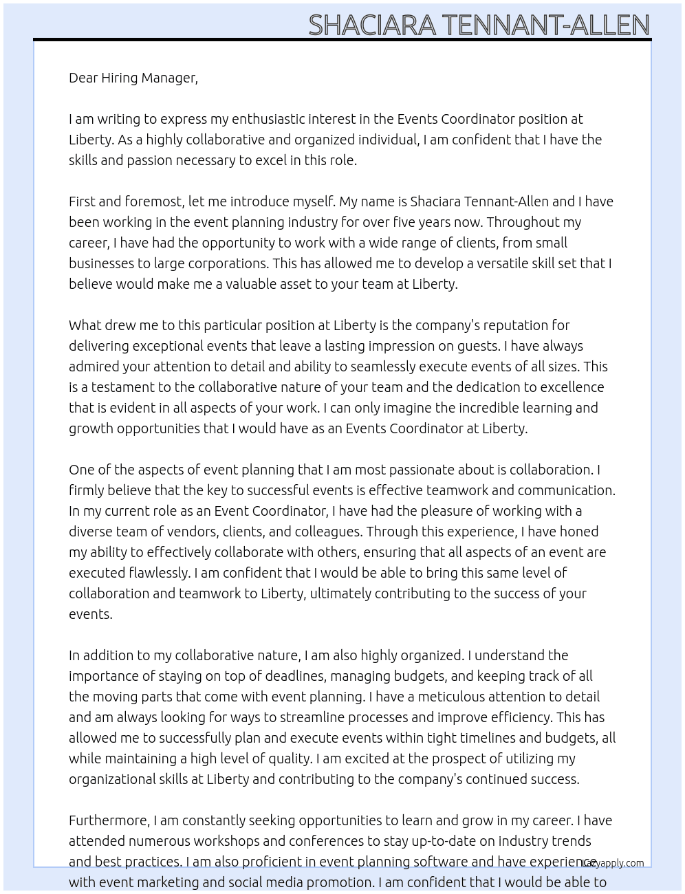 Events Coordinator At liberty Cover Letter