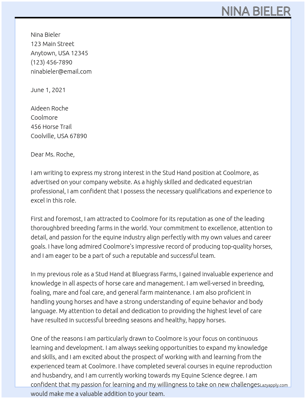 Stud hand At Coolmore Cover Letter