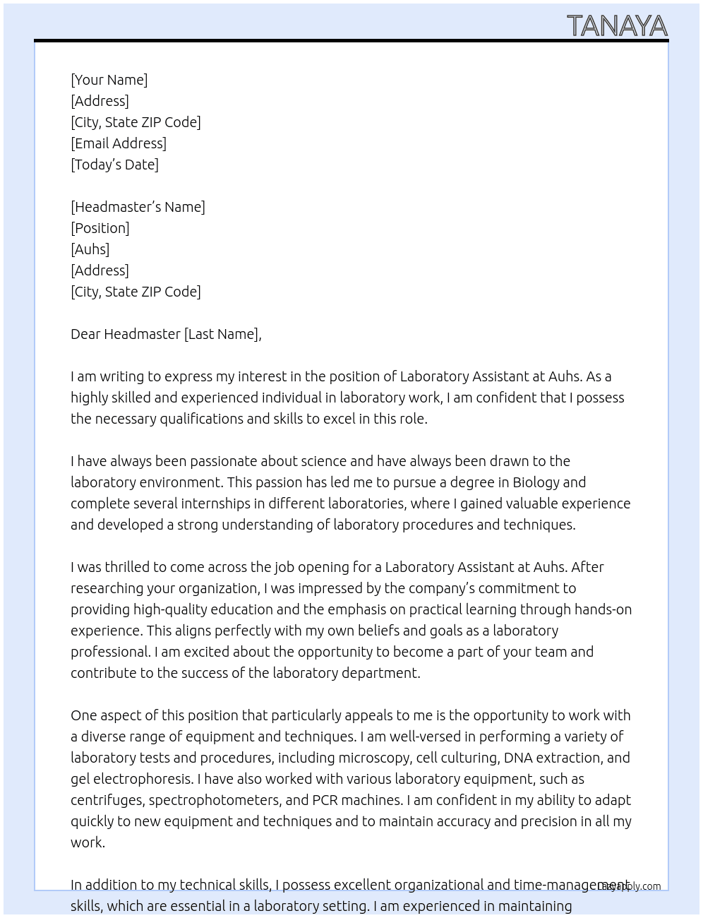 Laboratory assistant  At Auhs Cover Letter