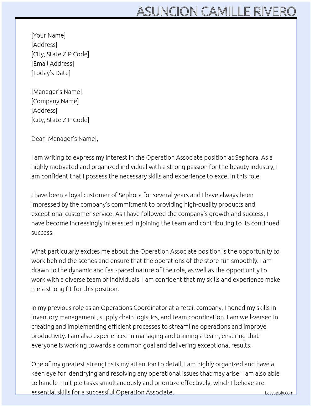 Operation Associate At Sephora Cover Letter