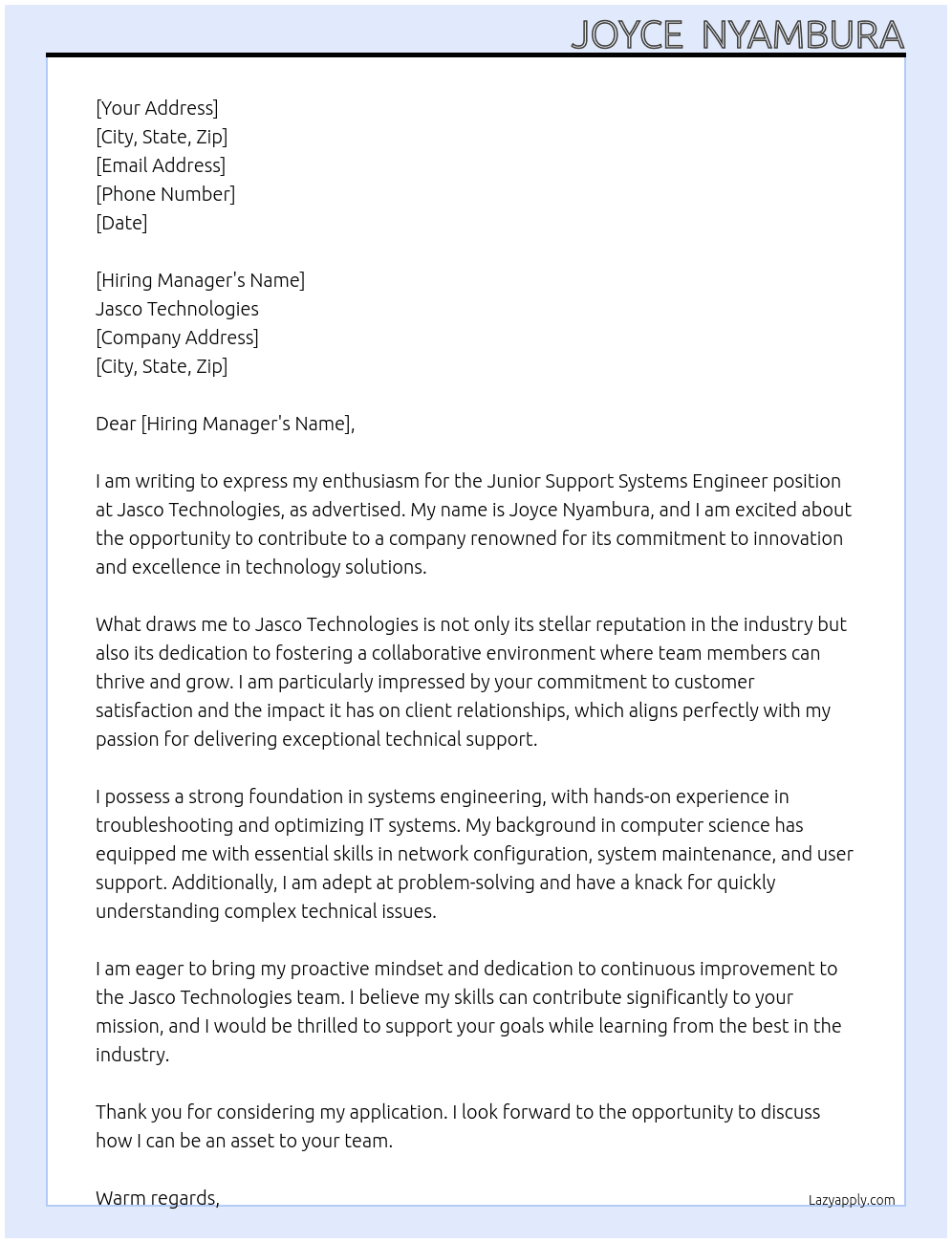 junior support systems engineer At jasco technologies Cover Letter