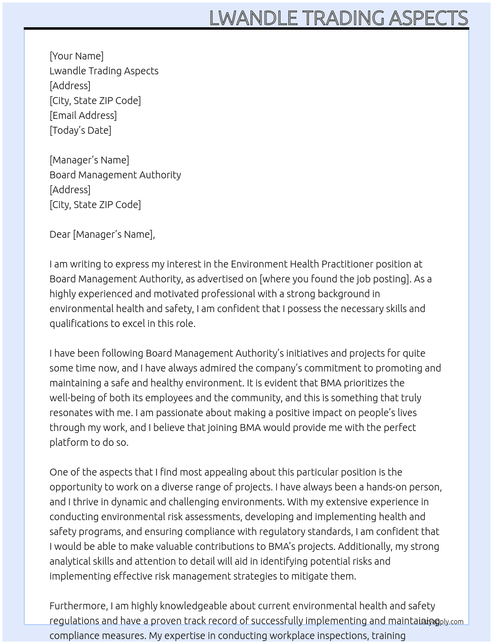 Environment health Practitioner At Board Management Authority Cover Letter