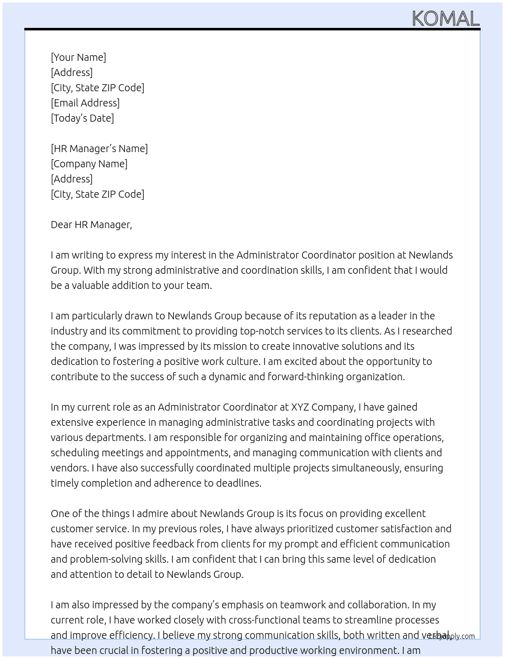 Administrator Coordinator At Newlands Group Cover Letter