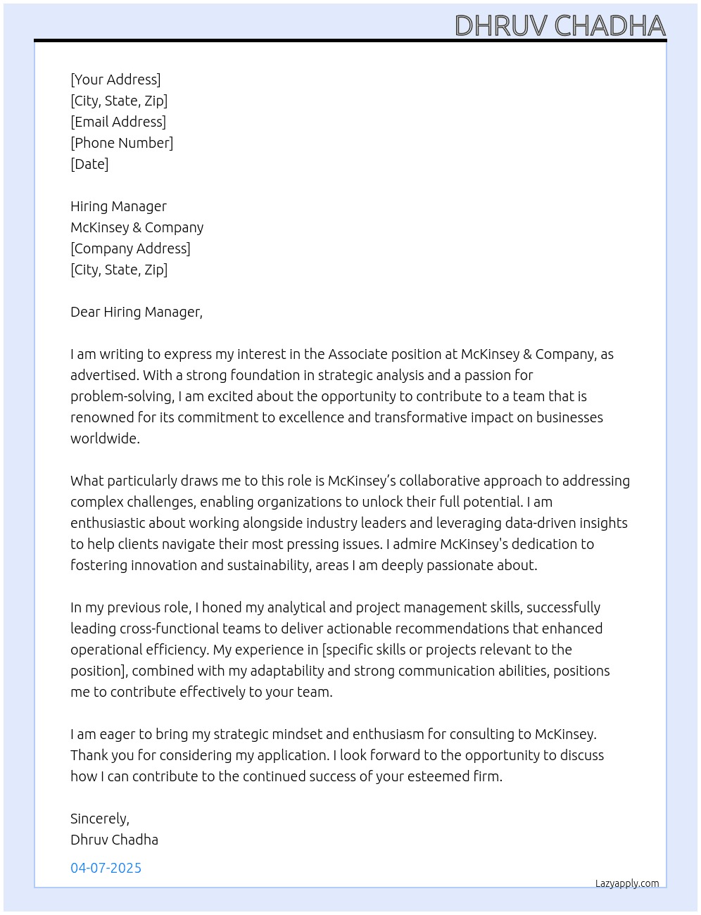 Associate At Mckinsey Cover Letter