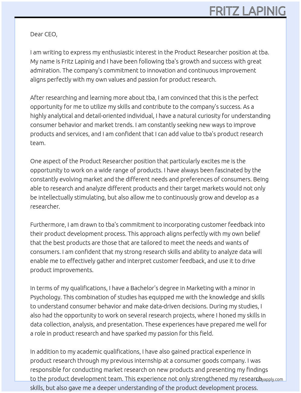 Product Researcher At tba Cover Letter