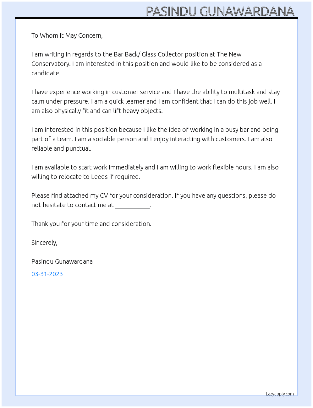 Bar Back/ Glass collector  At The New Conservatory Cover Letter