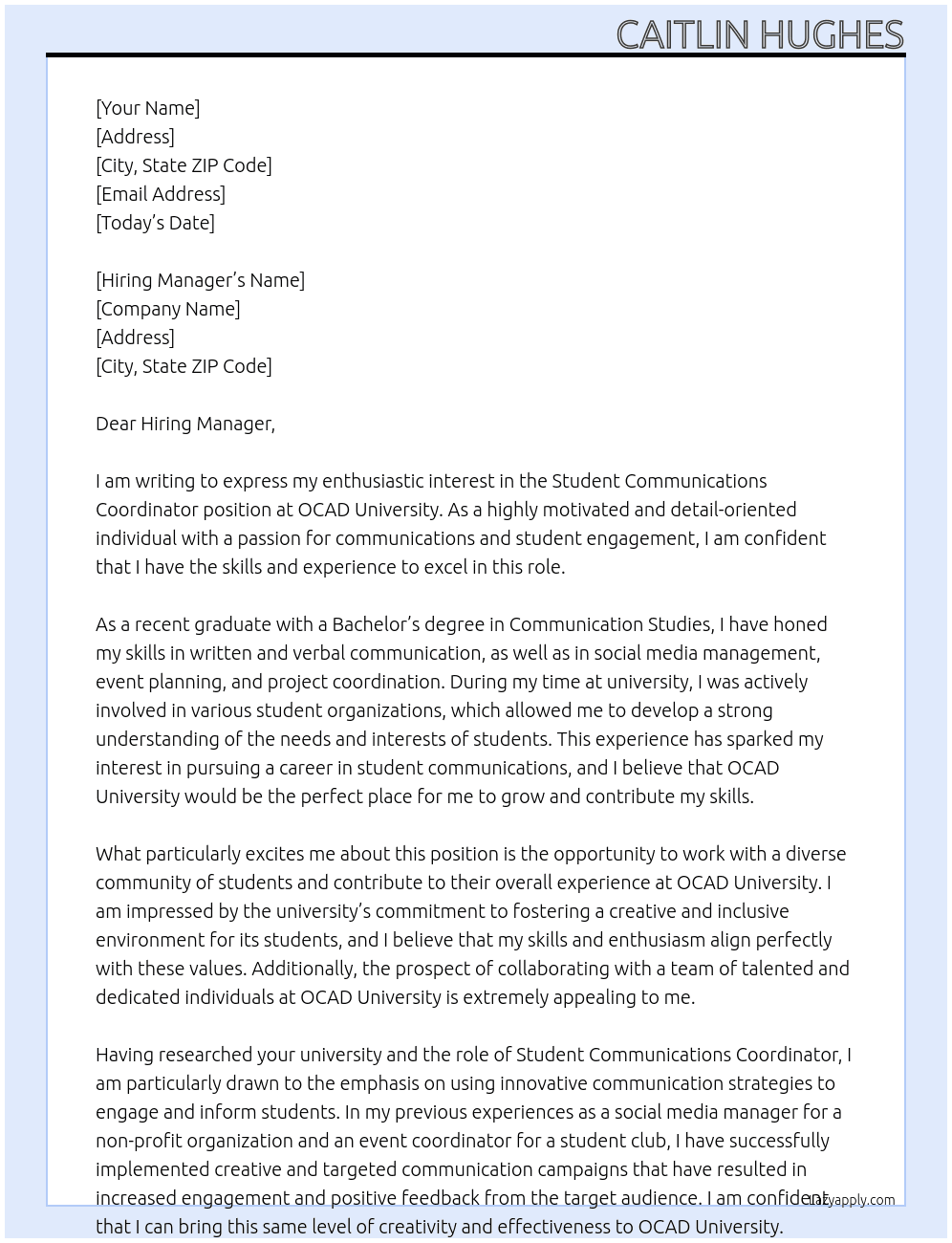 Student Communications Coordinator At OCAD University Cover Letter
