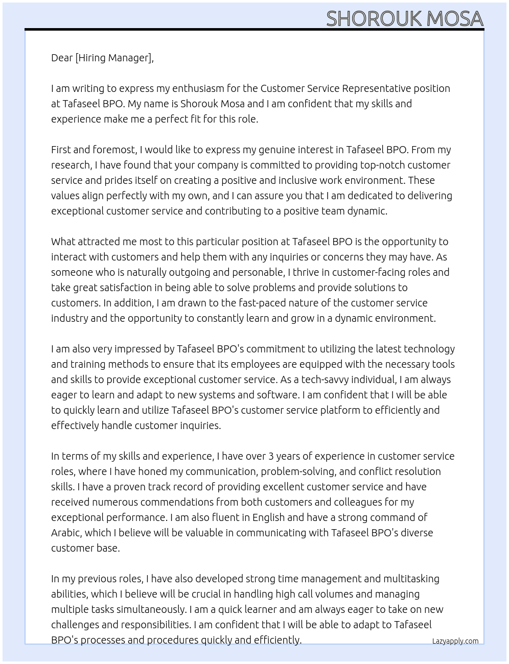 customer service representative At tafaseel bpo Cover Letter