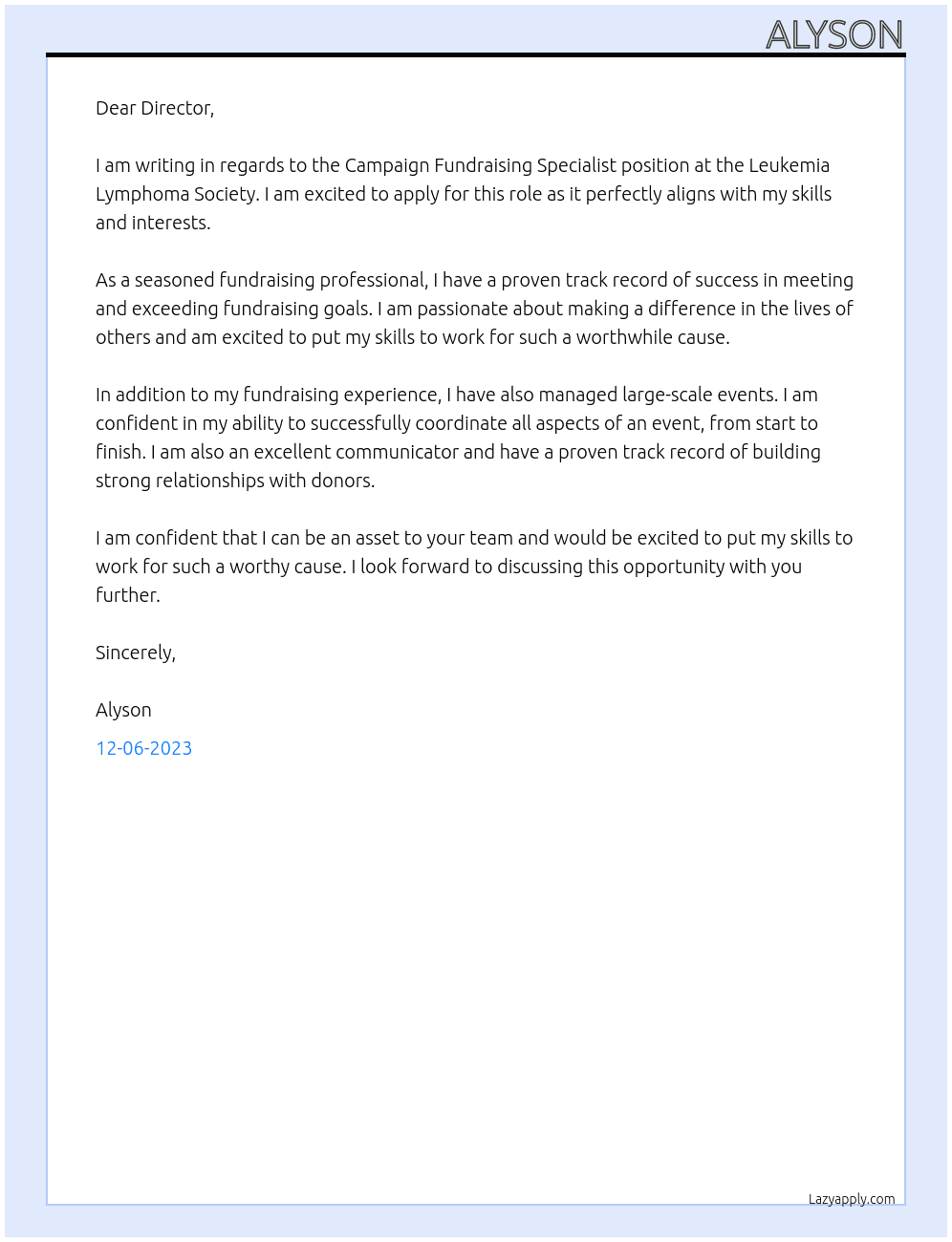 Cover letter for campaign fundraising specialist - LazyApply