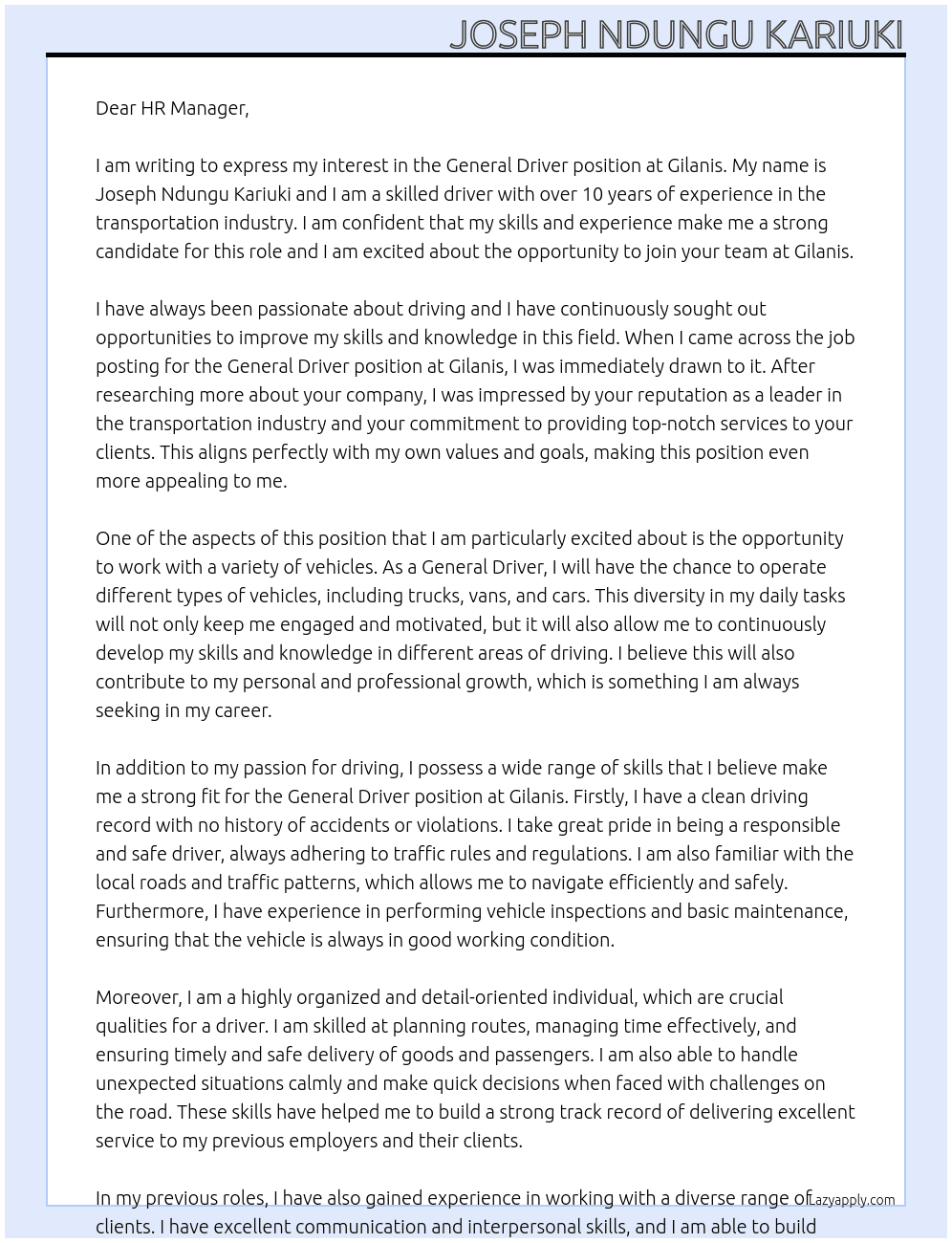 General Driver At Gilanis Cover Letter