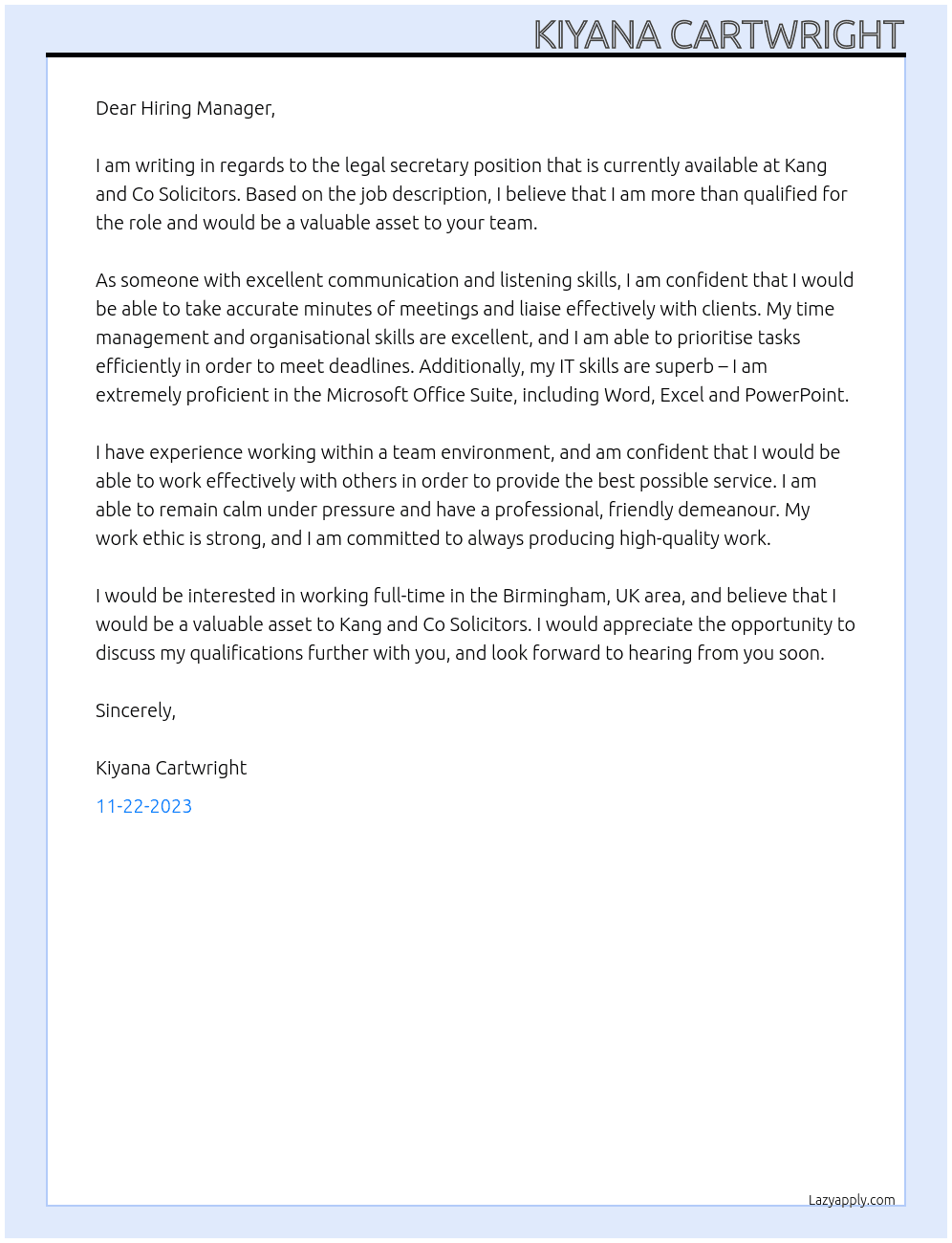 Legal secretary  At Kang and Co Solicitors Cover Letter