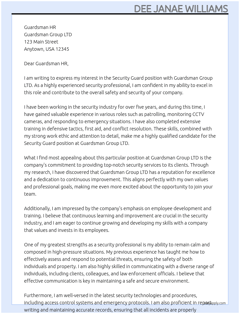Security guard At Guards man group LTD Cover Letter