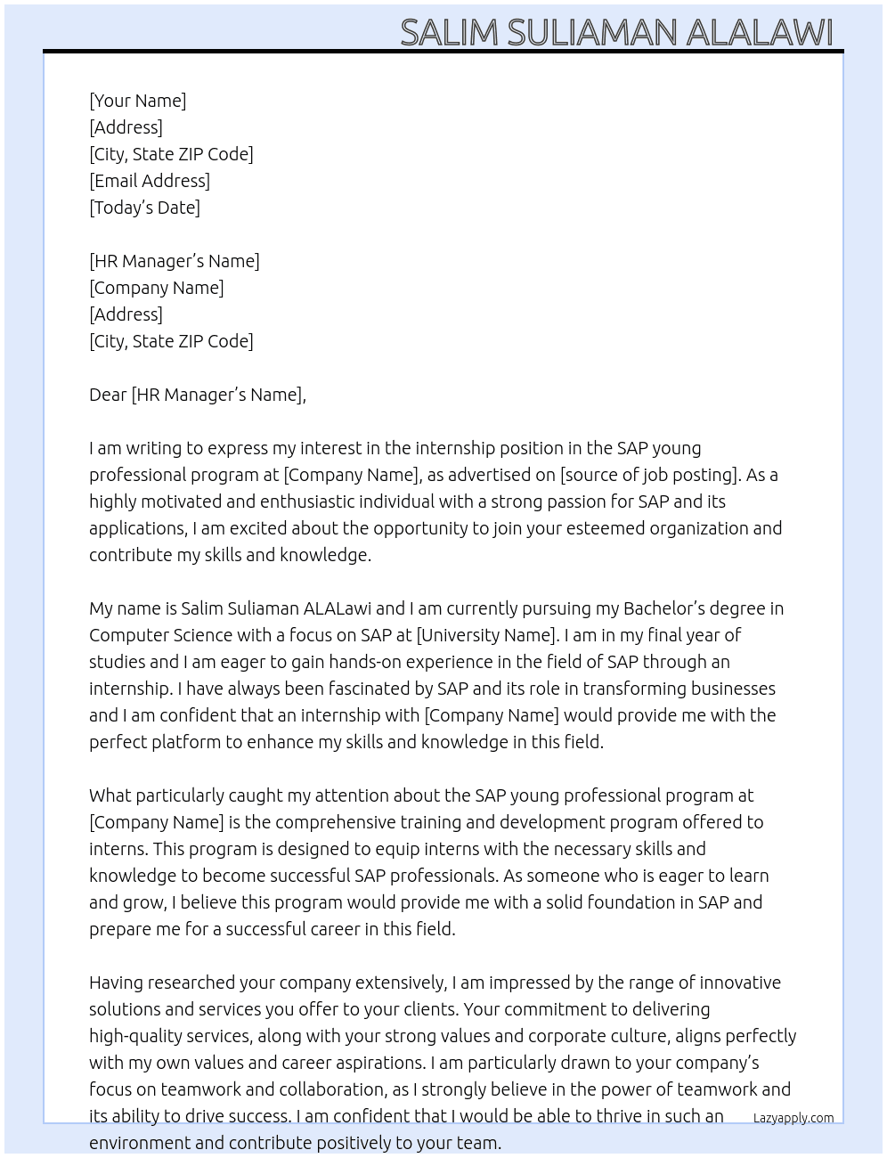 Internship in SAP young professional program  At  SAP young professional program  Cover Letter