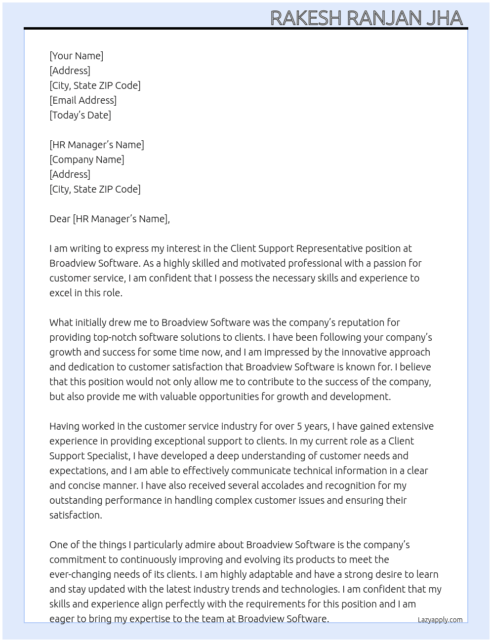 Client Support Representative  At Broadview Software  Cover Letter