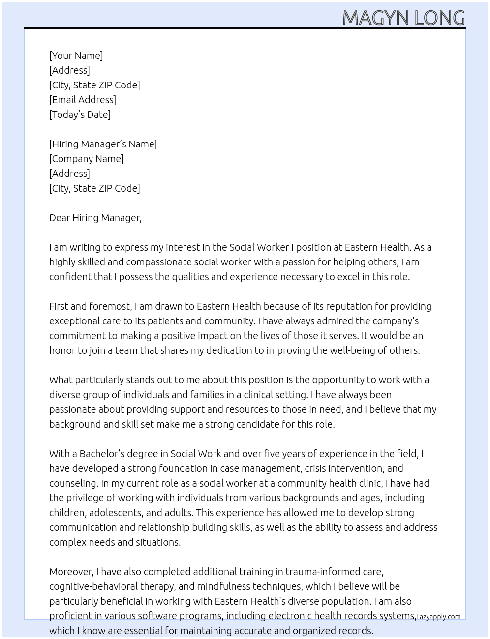 Social Worker I At Eastern Health  Cover Letter