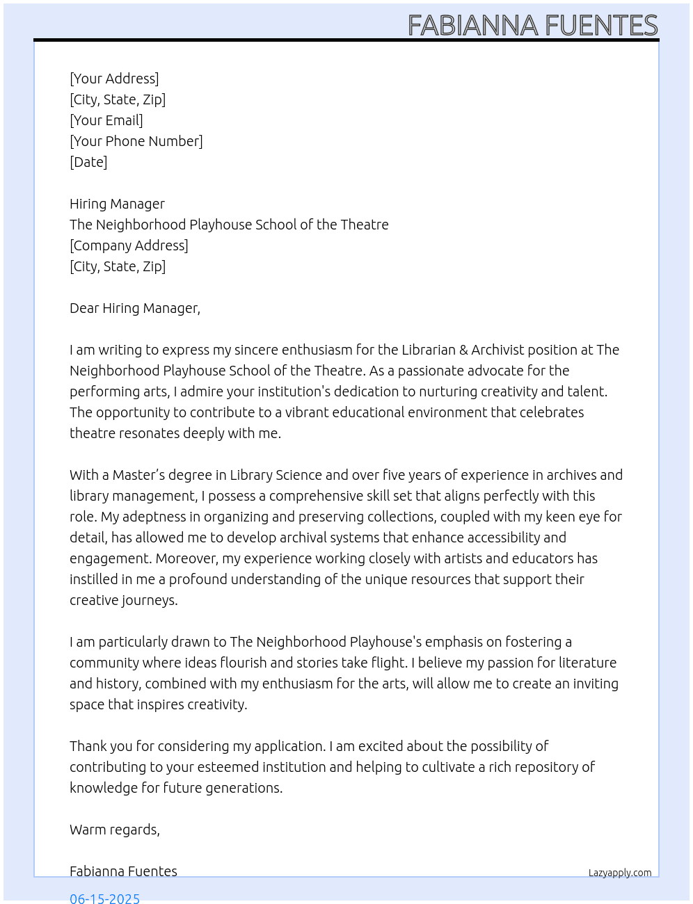 Cover letter for librarian & archivist - LazyApply