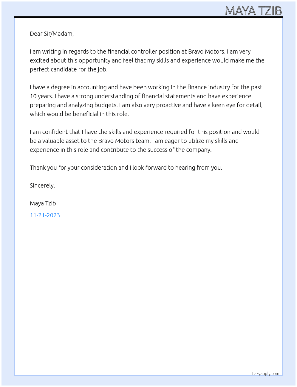 financial controller At bravo motors Cover Letter