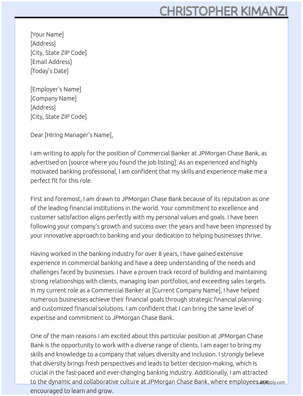 Commercial banker At JPMorgan Chase Bank Cover Letter