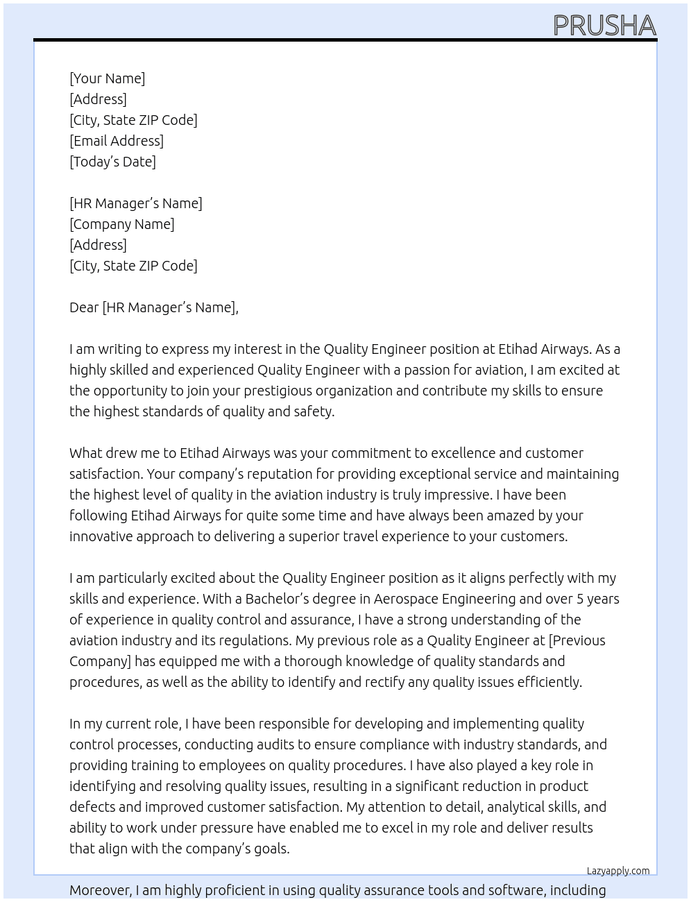Quality Engineer At Etihad Airways Cover Letter