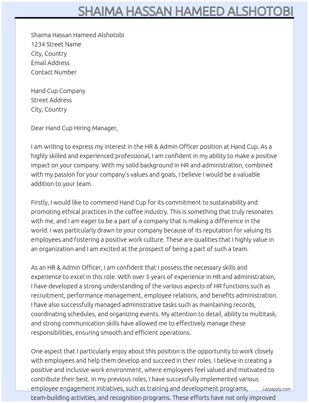 HR &admin officer At hand cup Cover Letter